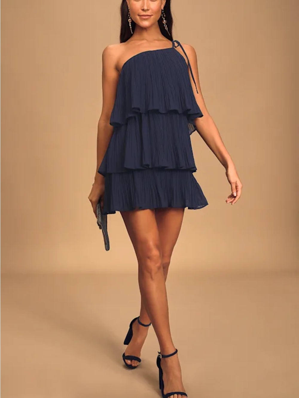 Lulus Navy One-Shoulder Tiered Mini Dress